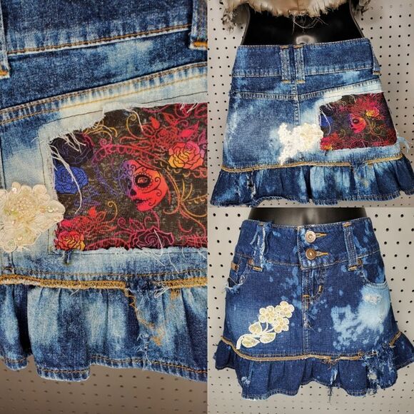 Trashed Glammed Up Grunge Lace Sequins Sugar Skull Denim Skirt, Sz 5 Custom UP - Picture 1 of 9